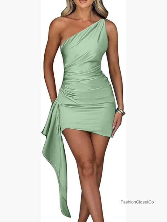Dresses & Skirts - One Shoulder Ruched Bodycon Sleeveless Mini Club Party Dress